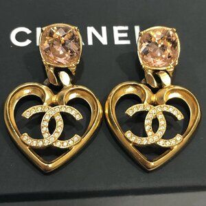 CHANEL CC Logos Pink Rhinestone Open Heart Stud Earrings Gold Tone C23C Auth